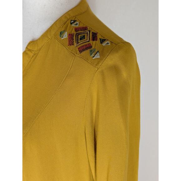 Womens S Boho Long Sleeve Dress Embroidered V Neck Gold Mustard Yellow Hippie - Picture 4 of 14